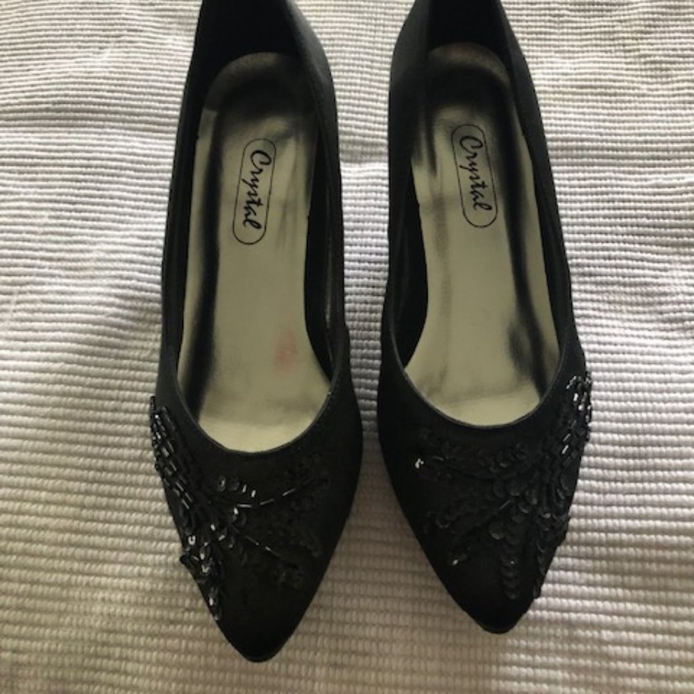 black satin closed-toe heels